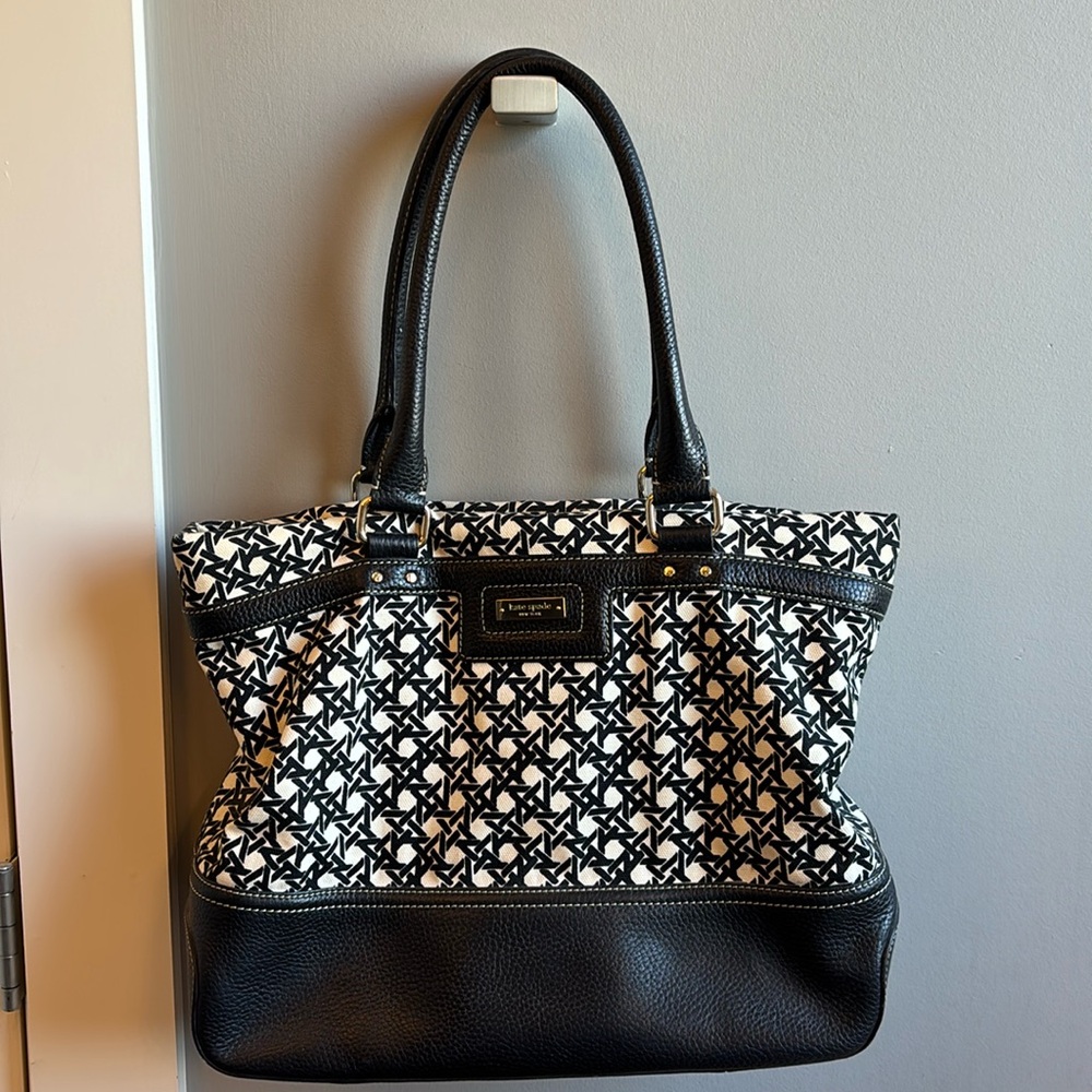 Kate Spade Keswick canvas and leather Blakely black ivory pattern tote bag purse